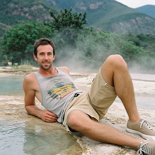 Photograph of a smiling, dark-haired man with a beard, wearing a white tank top and beige shorts, lounging by a misty, mountain