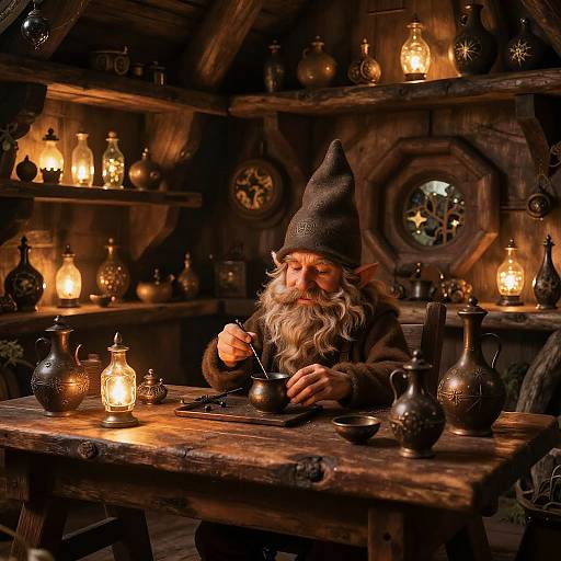 Photograph of a bearded, elven wizard in a dark hat, cooking over a wooden table with glowing lanterns in a warmly lit, rustic