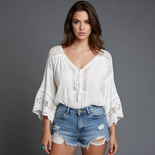 Photograph of a young woman with long dark hair, wearing a white lace V-neck blouse and blue distressed denim shorts, standing against a gray background.