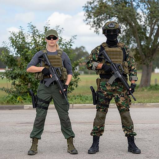 Two Soldiers in Tactical Military Gear Standing Outdoors