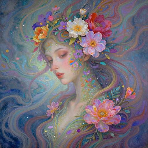 Digital painting of a serene, fair-skinned woman with long, flowing hair adorned with vibrant flowers, set against a swirling blue and purple cosmos background.