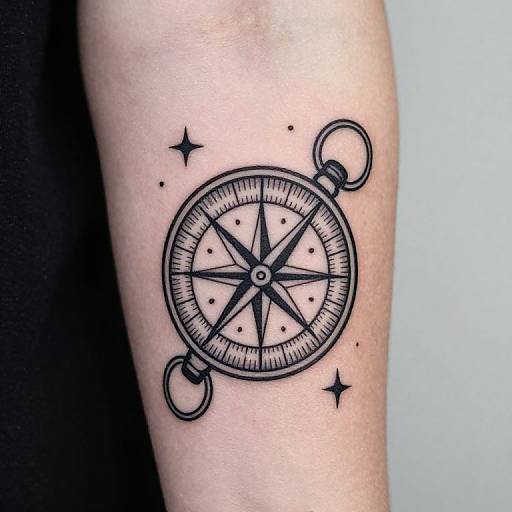 Black ink tattoo of a compass with star accents on a forearm, featuring two rings and a detailed, shaded design.