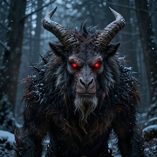 Digital artwork of a fierce, glowing-red-eyed, horned demon with dark fur and snow-covered forest background, creating an eerie, supernatural atmosphere.