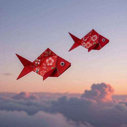 Red Origami Fish Gliders at Twilight