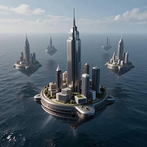 Photorealistic CGI of five futuristic, floating, high-rise city islands with sleek skyscrapers, surrounded by calm, blue ocean under a clear sky
