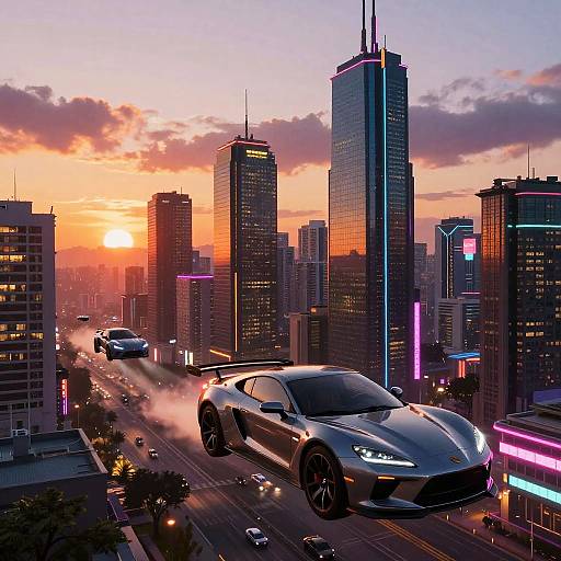 Photorealistic CGI: futuristic city sunset, glowing skyscrapers, neon lights, silver hypercar with glowing headlights driving on elevated highway, smoke trail