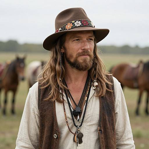 Photograph of a rugged, bearded man with long brown hair, wearing a brown hat adorned with flowers, a white shirt, and a brown vest