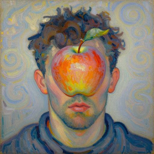 Expressionist painting of a man with curly brown hair, a large red apple covering his eyes, against a swirling blue and yellow background. Bold, vibrant