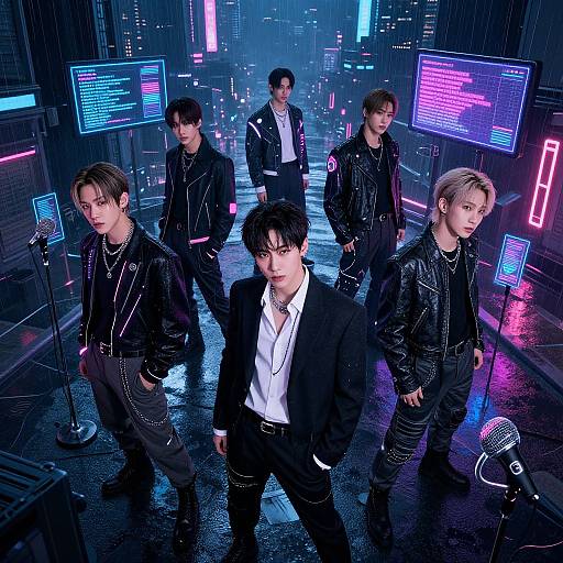 Digital artwork of five Asian men in black leather jackets and chains, standing in a neon-lit, cyberpunk city street.