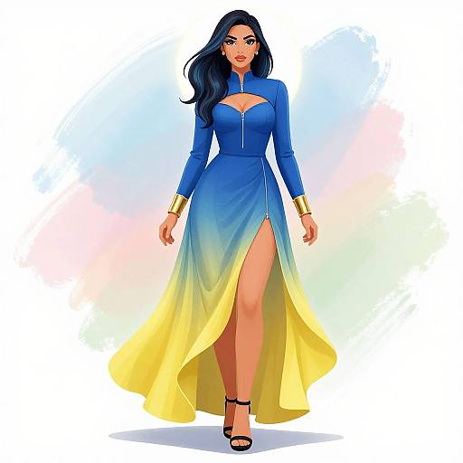 Digital illustration of a confident woman with long black hair, wearing a blue and yellow gradient dress with a high slit, gold bracelet, and black heels,