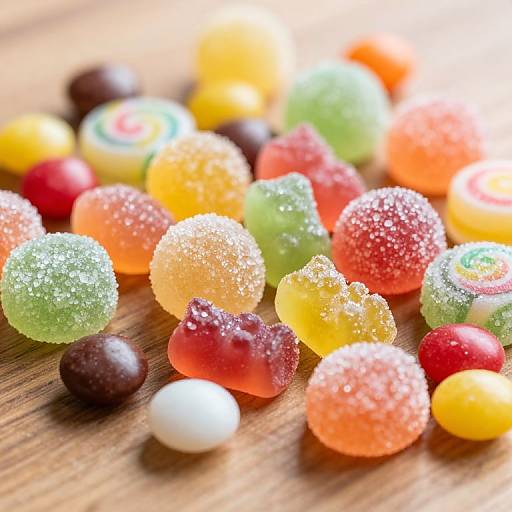Photograph of colorful, sugar-coated candies in various shapes and sizes, including round, heart, and cherry forms, scattered on a wooden surface.