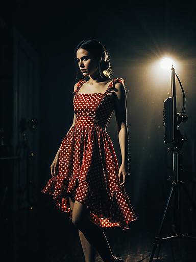 Woman in Red Polka Dot Dress in Studio Lighting