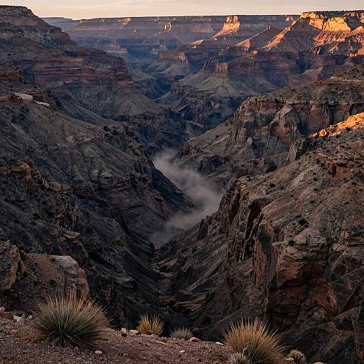 Photograph of Grand Canyon at sunset, showcasing rugged red and brown cliffs, dramatic shadows, mist in the deep canyon, and sparse desert vegetation in the