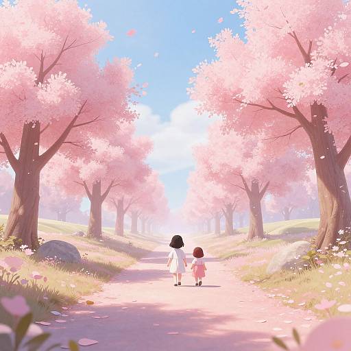 Digital anime-style artwork of two children walking down a cherry blossom-lined path, surrounded by pink blossoms and blue sky.