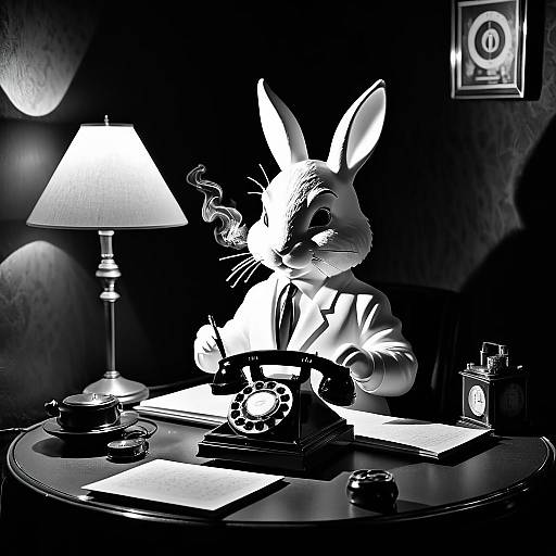 Noir Rabbit Writing with Rotary Phone