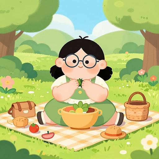 Cartoon-style image of a girl with black hair and glasses, eating salad on a picnic blanket in a sunny, green park.