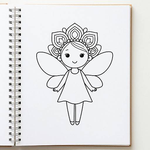 Black-and-white sketch of a cute fairy with large wings, floral hair accessory, and simple dress, drawn on spiral-bound paper.
