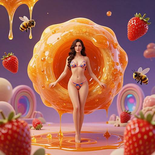 CGI image of a curvy woman in a colorful bikini, standing in a large, honey-like orb with bees and strawberries floating around her. Vibr