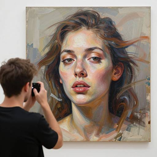 Digital painting of a realistic, emotional portrait of a young woman with wavy brown hair, taken by a man in a black shirt, using a smartphone