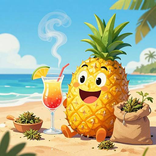 Joyeux Ananas Cartoon Fumeur Plage