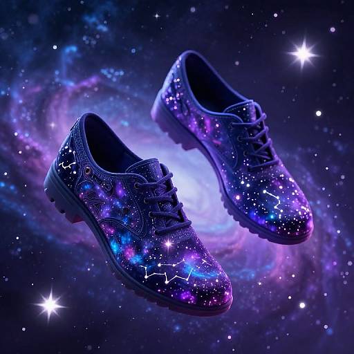Glowing, neon-lit sneakers adorned with vibrant, starry galaxy patterns float against a cosmic, nebula background, surrounded by twinkling stars