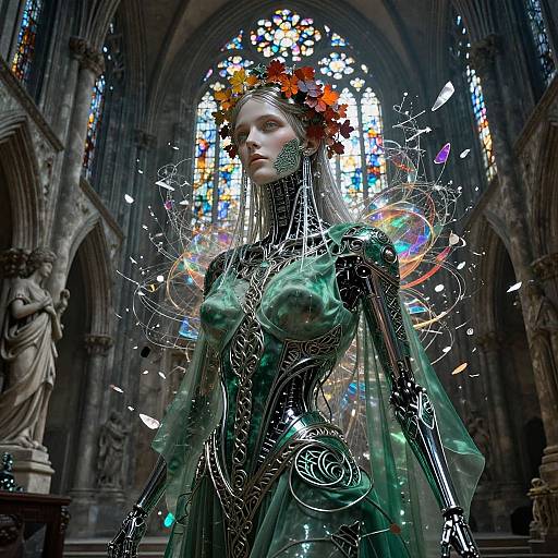Otherworldly Emerald Gynoid in Neo-Gothic