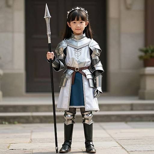 Photograph of a young Asian girl in medieval armor, holding a spear, standing in front of a stone building. Silver armor, blue dress, black