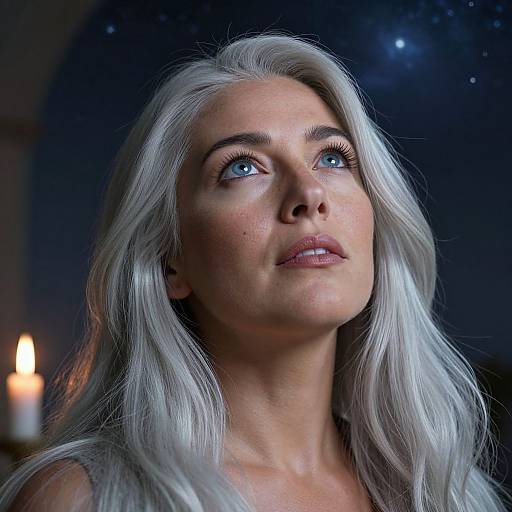 Photograph of a fair-skinned woman with long, silver hair, blue eyes, and pink lips, gazing upward in a dark, starry