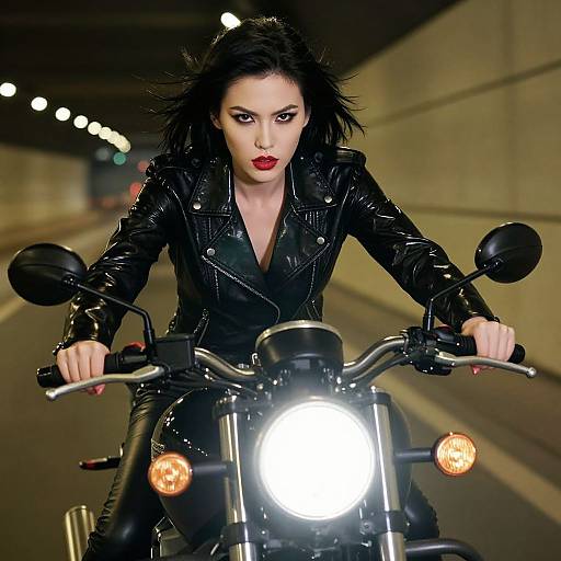 Fierce Woman Riding Motorcycle at Night