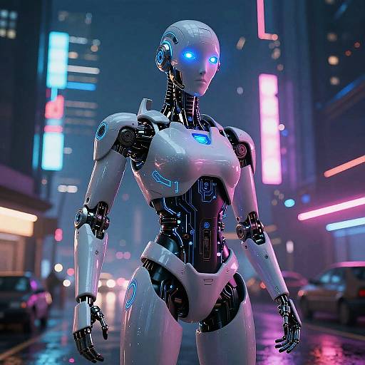 Futuristic Humanoid Robot in Cyberpunk City