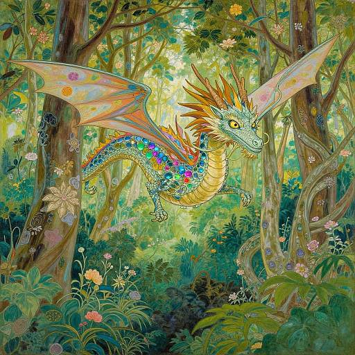 Vibrant, detailed digital illustration of a multicolored dragon with rainbow scales and orange spines, soaring through a lush, sunlit forest filled