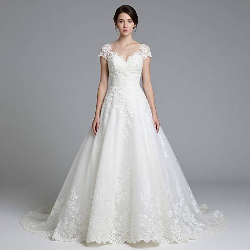 Photograph of a woman with dark hair in an elegant, white, lace-embellished, short-sleeved wedding dress with a full skirt