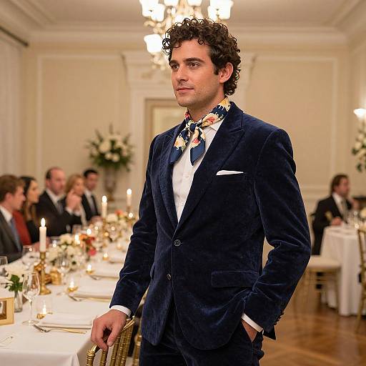 Photograph of a curly-haired man in a navy velvet suit, colorful bow tie, standing in an elegant, warmly-lit dining room.