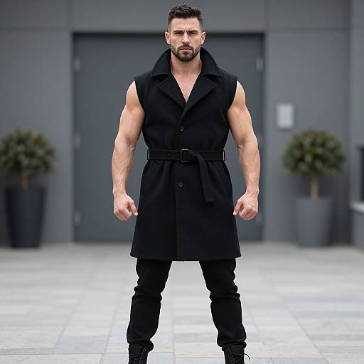 Photograph of a muscular, bearded man with short dark hair, wearing a sleeveless black trench coat and black pants, standing confidently outdoors against a
