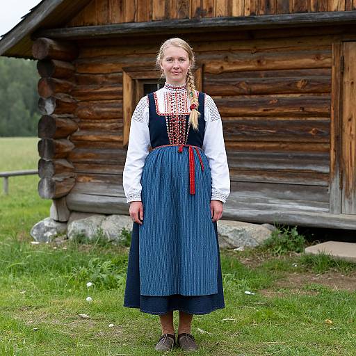 Swedish Folk Costume by Log Cabin