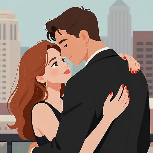 Romantic couple embracing in cityscape