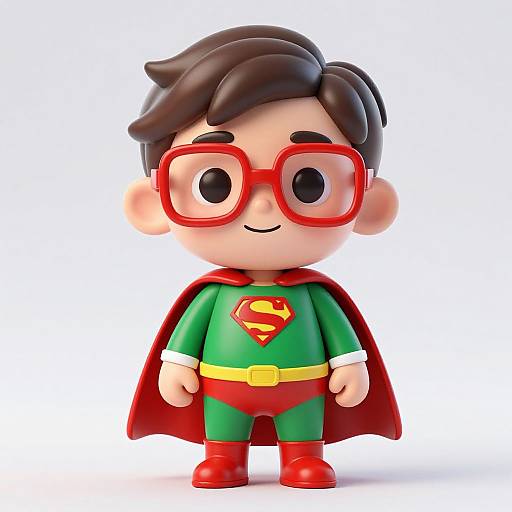 Cartoon-style Superboy figurine with red glasses, green suit, red cape, yellow belt, red boots, and Super emblem on chest.