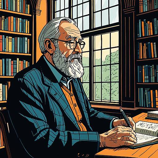 Elderly Man Writing in Library