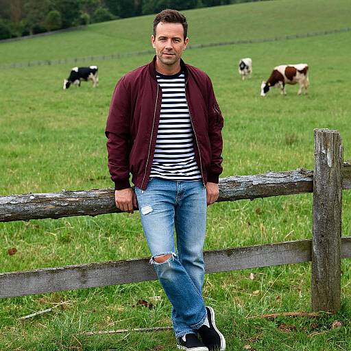 Photograph of a casual man with short dark hair, wearing a striped shirt, maroon jacket, ripped jeans, and black sneakers, leaning on a