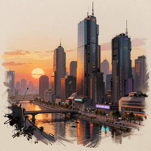 Futuristic Cyberpunk Cityscape at Sunset