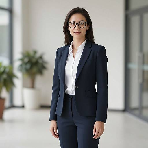 Photograph of a confident woman with long dark hair, wearing black glasses, a black suit, and white shirt, standing in a modern, bright office