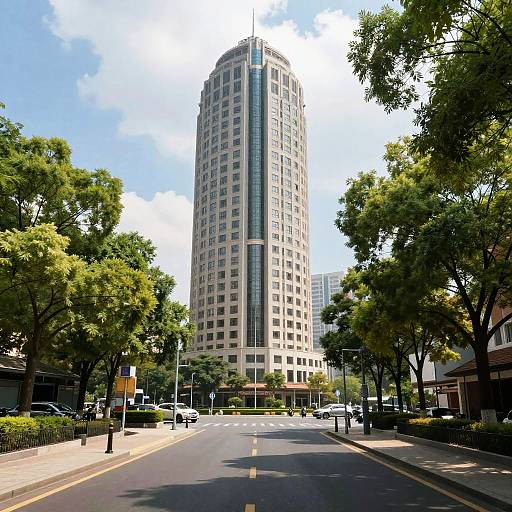 Photograph of a tall, cylindrical, beige skyscraper with vertical glass accents, surrounded by lush green trees on a sunny urban street.