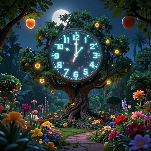 Digital artwork of a glowing, blue clock tree in a vibrant, moonlit garden with colorful flowers, lanterns, and a full moon.
