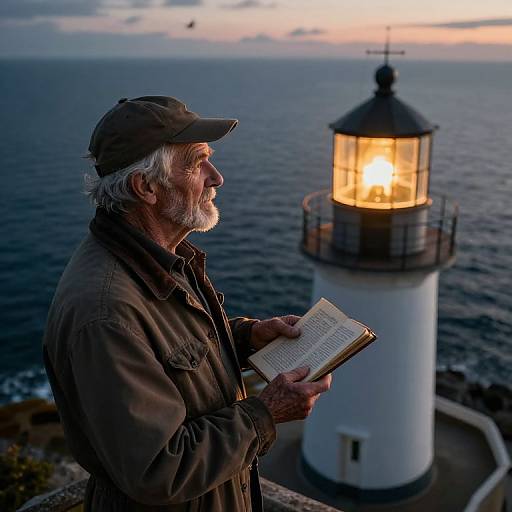Photograph of an elderly white man with white beard, wearing a brown cap and jacket, reading a book beside a lit lighthouse against a twilight ocean