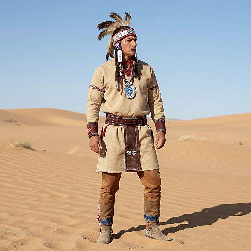 Photograph of a Native American man in traditional desert attire with feathered headband, beige tunic, brown pants, and beaded belt, standing