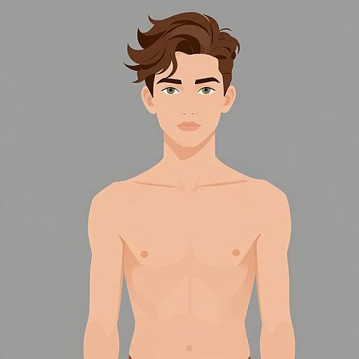 Digital illustration of a shirtless young man with fair skin, brown wavy hair, and green eyes, set against a solid grey background.