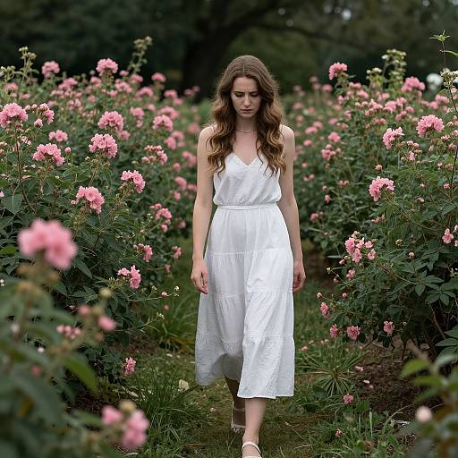 Photograph of a young woman with wavy brown hair, wearing a white sleeveless dress, walking through a pink rose garden.