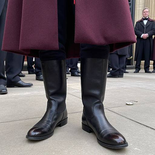 Photograph of formal lower legs in black leather boots, dark trousers, and maroon coat, standing on a stone pavement. Background includes men in black