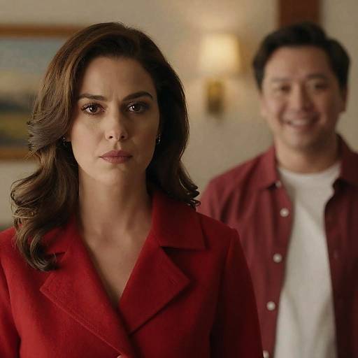 Photograph of a serious, brown-haired woman in a red blazer, with a smiling man in a red shirt and white tee in the blurred background