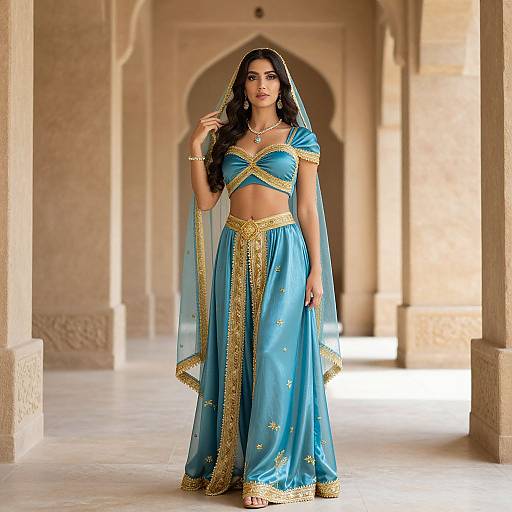 Photograph of a beautiful woman with dark hair, wearing a blue and gold traditional Indian outfit with a veil, standing in a sunlit, ornate